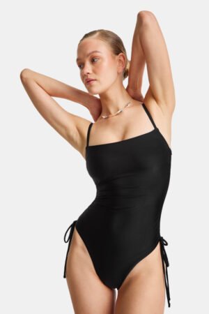 Ruched Adjustable Tie Side Shaping Swimsuit - Blank Onyx
