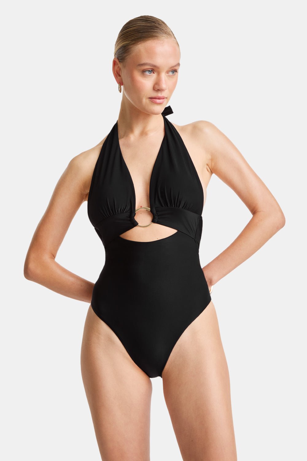 Halter Plunge Gold Ring Bikini Swimsuit - Black Onyx - Image 2