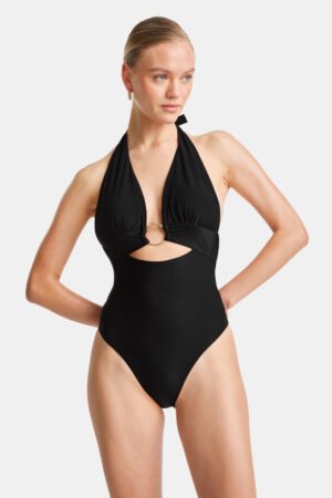 Halter Plunge Gold Ring Bikini Swimsuit - Black Onyx