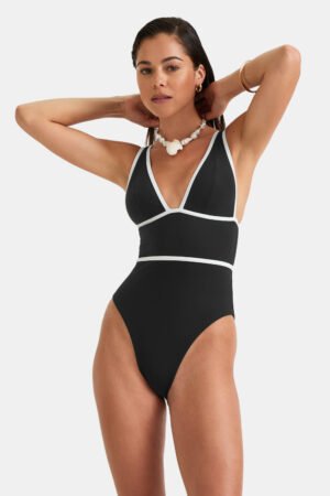 Contrast Plunge Swimsuit - Shadow Black