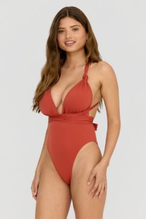 Hamptons Plunge Neck Multiway Swimsuit - Rust Orange