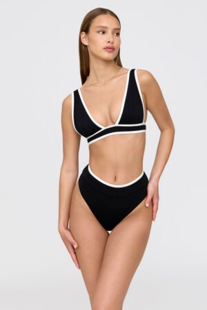 Kos Contrast Trim High Waisted Cheeky Bikini Brief - Shadow Black And Coconut Milk